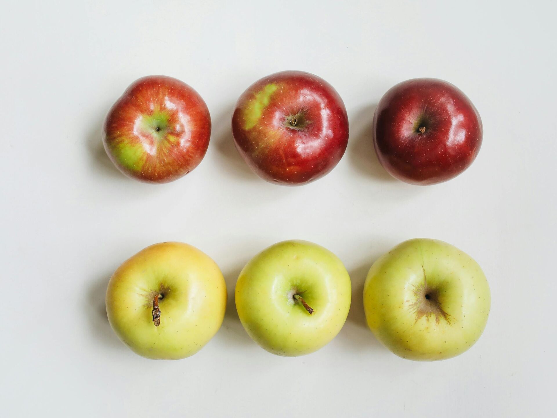 Sechs Äpfel in zwei Reihen, oben rot und unten grün – Symbol für Vielfalt und gesunde Ernährung.