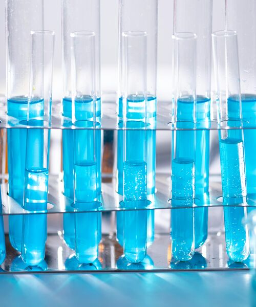 Reagenzgläser mit blauer Flüssigkeit in einem Ständer – Symbol für Laborarbeit, Forschung und chemische Analyse.