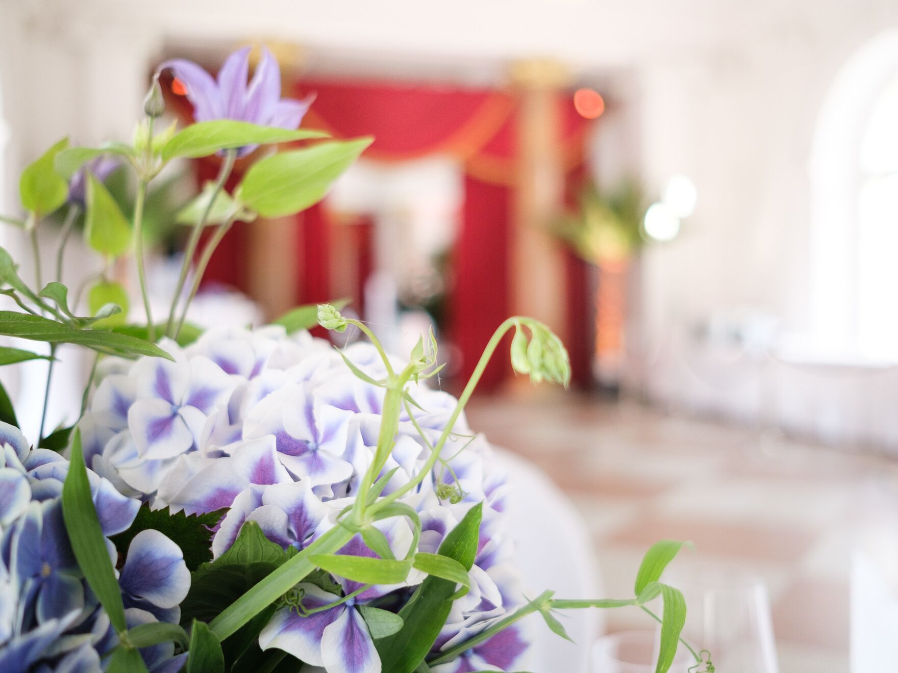 Nahaufnahme eines Blumenarrangements mit violetten Blüten vor einem festlich geschmückten Raum mit roten Vorhängen.