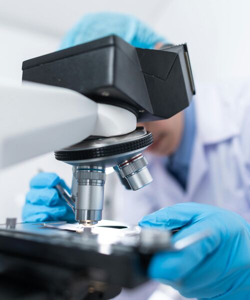 Person mit blauen Handschuhen arbeitet im Labor und betrachtet eine Probe unter dem Mikroskop – Symbol für Forschung und wissenschaftliche Analyse.